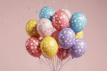 Vibrant star-patterned balloons float joyfully, perfect for celebrations and festive occasions, adding color and excitement
