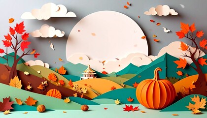 
A delightful papercraft autumn scene with a pumpkin, acorns, and colorful leaves. This layered, 3D design is perfect for fall, holiday, and seasonal promotions