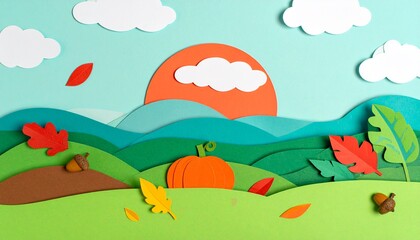 
A delightful papercraft autumn scene with a pumpkin, acorns, and colorful leaves. This layered, 3D design is perfect for fall, holiday, and seasonal promotions