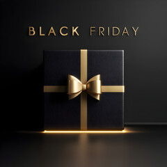 Elegant black gift box with golden ribbon and bow for black friday promotion on dark background