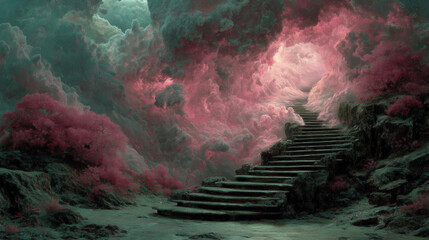 Mystical staircase ascending through pink and green clouds creating surreal scene with dreamy