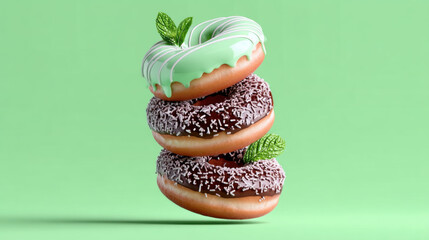 Stack of four donuts with colorful icing and sprinkles fresh mint leaves bright green background