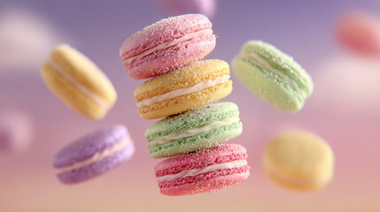 Colorful macarons floating mid air with soft pastel background, creating whimsical