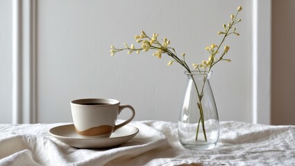 A cup and saucer with a glass vase and yellow flowers on a fabric surface.