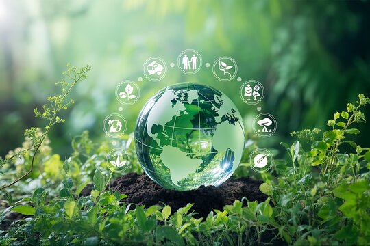 Sustainable future globe with eco icons surrounded by lush greenery, representing environmental responsibility and green living.