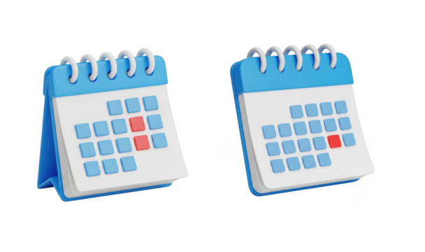 Two blue and white flip calendar icons isolated on transparent background