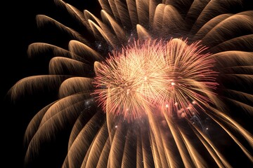 Stunning golden and red fireworks explode vibrantly against a dark night sky, creating a dazzling spectacle of light and celebration.