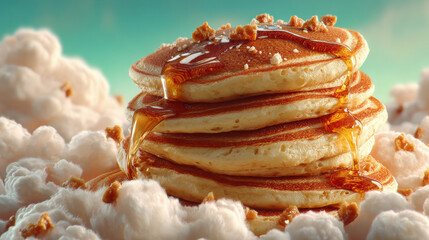 Pancakes stacked with syrup and crumbs fluffy clouds bright sky, creating dreamy breakfast scene