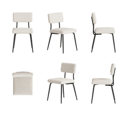 Set of six views of a simple modern chair with a white boucle seat and back, black metal legs isolated on a translucent background. Front view, top view, two sides, and two perspectives. 3d render