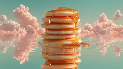 Stack of pancakes with syrup floating among clouds and reflected water surreal and dreamy scene