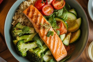 Savor a delicious grilled salmon bowl packed with fresh broccoli, quinoa, and vibrant tomatoes for a healthy and satisfying meal.