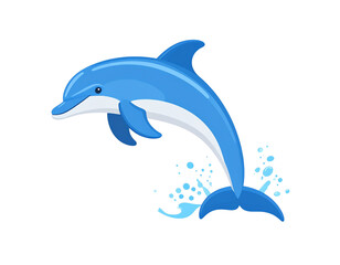 Obraz premium Playful blue cartoon dolphin with a white belly jumping in an arch creating water splashes.