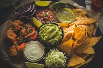 Savor vibrant Mexican fiesta with crunchy nachos, creamy guacamole, salsa, and fresh toppings perfect for sharing