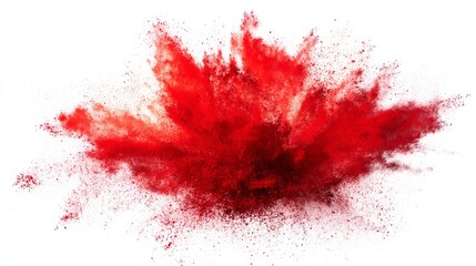 A dynamic burst of red powder spreads explosively against a white background,