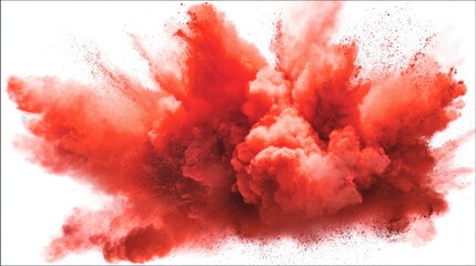A dynamic burst of vibrant red smoke against a stark white background, thick and rich with color,