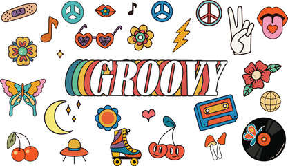 Fototapeta premium Funny psychedelic trendy 70s elements flat vector symbols 