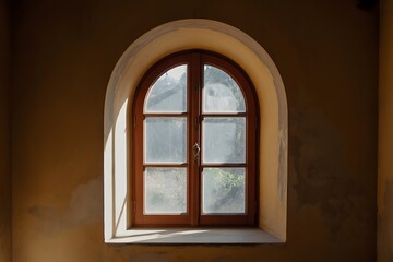 Sunlight streams through a vintage arched window, casting dramatic shadows and illuminating a rustic, textured wall inside.