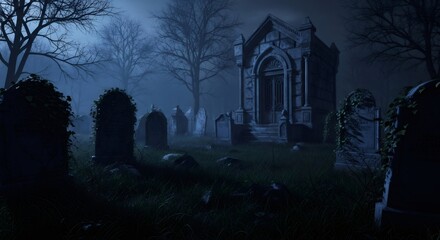 Eerie cemetery at night with old tombstones and a large crypt covered in fog, ideal for scary, mystical, spooky Halloween mood.