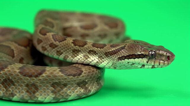 Coiled Brown Patterned Snake with Detailed Scales on a Vivid Green Background, Capturing Reptilian Beauty and Wildlife Detail