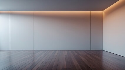 Empty room with white walls, hardwood floor, and warm lighting.