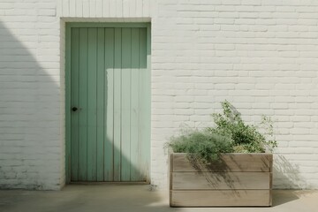 Serene coastal cottage entryway with weathered mint green door and rustic planter box filled with lush greenery