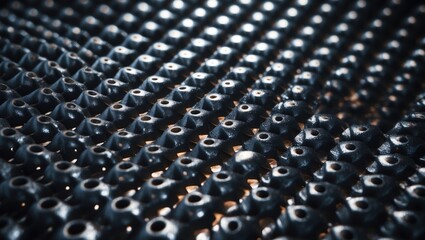 Fototapeta premium A pattern of numerous small black plastic beads or caps arranged in rows.