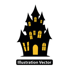 Spooky isolated haunted mansion illustration, mysterious dark old house silhouette with glowing windows for Halloween designs.