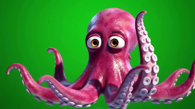 A vibrant cartoon octopus with expressive eyes and detailed tentacles against a bright green background
