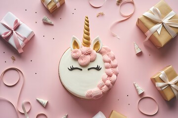 Whimsical unicorn cake celebration with gifts and festive decor creates pure joy and magic for any special occasion