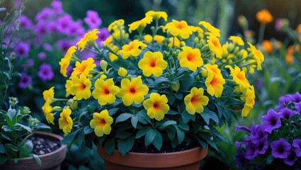 Colorful flowers in a pot with yellow and purple blooms, vivid garden scene. Bright, healthy flowers, lush green leaves, and vibrant colors.