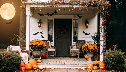 A cozy, rustic porch decorated for Halloween with glowing jack-o'-lanterns, mums, and autumn foliage. Perfect for seasonal, holiday, and home decor promotions