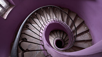 Spiral staircase view from above showing worn steps and purple walls, creating sense of depth