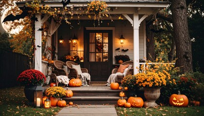 A cozy, rustic porch decorated for Halloween with glowing jack-o'-lanterns, mums, and autumn foliage. Perfect for seasonal, holiday, and home decor promotions