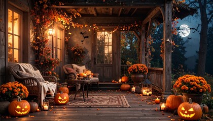 A cozy, rustic porch decorated for Halloween with glowing jack-o'-lanterns, mums, and autumn foliage. Perfect for seasonal, holiday, and home decor promotions