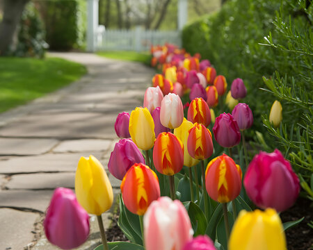 A colorful row of tulips lines a stone path in a lush garden setting - Powered by Adobe