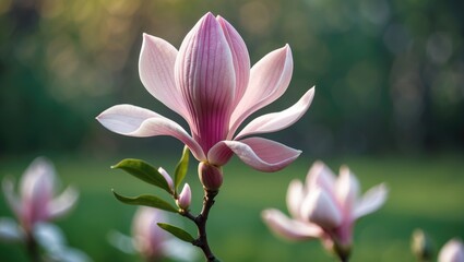 Fototapeta premium A pink magnolia flower blooming with green blurred background.