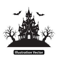 Spooky Haunted House Silhouette with Bats and Bare Trees A Halloween Illustration Vector