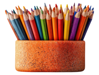 Colored pencils in orange ceramic cup isolated on white background