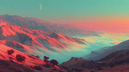 Surreal mountain landscape with vibrant pink and orange hues, misty valleys, crescent moon