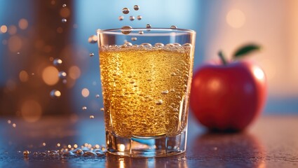 A glass of sparkling golden beverage with bubbles, accompanied by a red apple in the background.