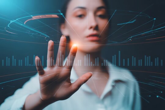 Focused businesswoman interacts with futuristic holographic data interface, analyzing global trends and digital information