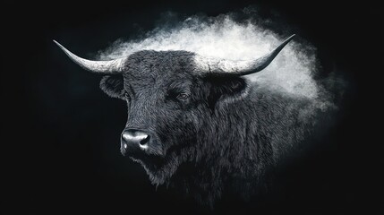 Dramatic portrait of a powerful black bull shrouded in mystic smoke against black backdrop