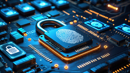 Digital security padlock with fingerprint on futuristic circuit board