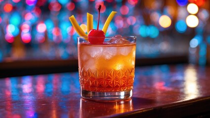 Colorful cocktail with fruit garnishes on a bar counter, with blurred multicolored bokeh lights in the background.