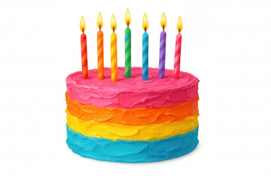 Delicious rainbow birthday cake with lit candles, isolated on transparent background, perfect for celebrations and joyful moments