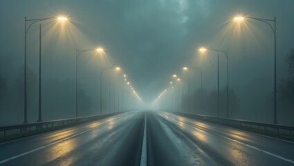 Empty road at night with streetlights and fog, creating a mysterious atmosphere.