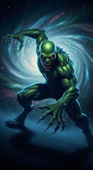 Fototapeta premium Green goblin creature with glowing red eyes in a menacing pose, against a swirling galaxy background. Fantasy art for Halloween event.