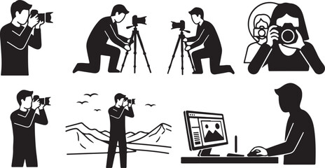 Vector art of collection of black and white icons depicting photographers in various poses and settings, capturing moments with cameras and equipment, isolated on white background