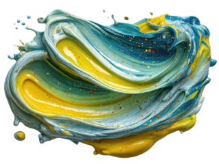 Abstract swirling mixture of yellow and blue paint with colorful speckles isolated on a white background vector illustration for graphic design web design