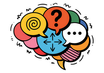 Colorful illustration of a brain filled with thought bubbles and question marks